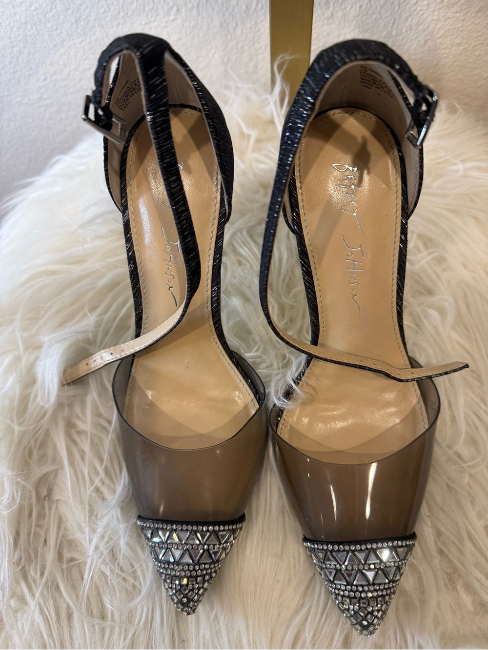 Betsey Johnson Black Crystal-Embellished Pointed-Toe Ankle-Strap Heels - Picture 2 of 12